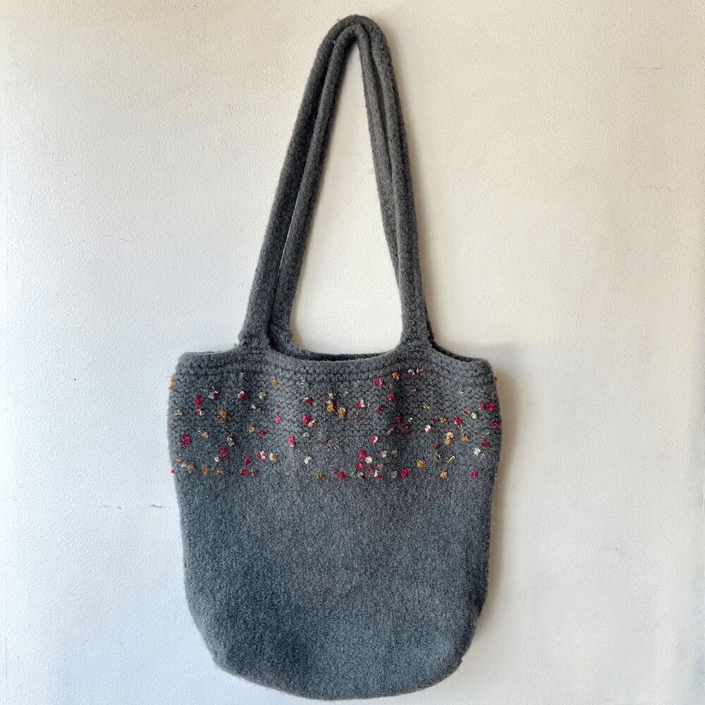 Vintage Hand-Knit Felted Wool Tote Bag w/ Colorful Accents
